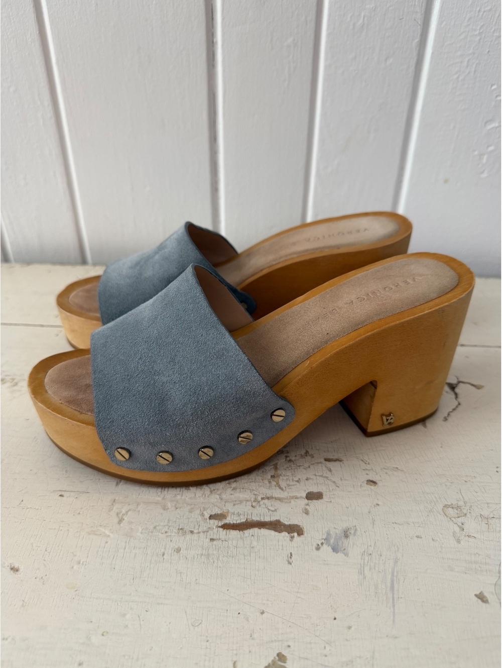 Veronica Beard Blue Suede Wooden Platform Slide Sandals Size 7